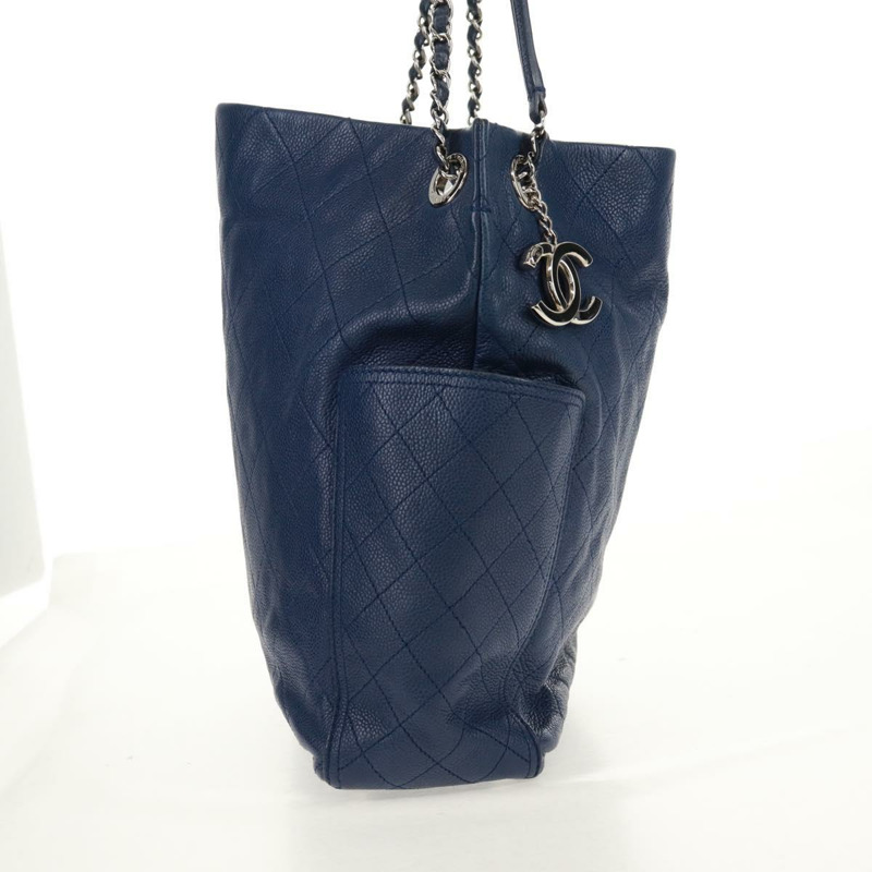 【日本直送】香奈兒 (CHANEL) 菱格紋鏈條肩背包,魚子醬紋皮革,藍色,銀色雙C標誌,正品編號 159037V-3