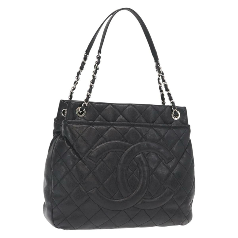 【日本直送】香奈兒 (CHANEL) 菱格紋鏈條肩背包，魚子醬紋皮革，黑色，銀色雙C標誌，正品編號 156514V-0