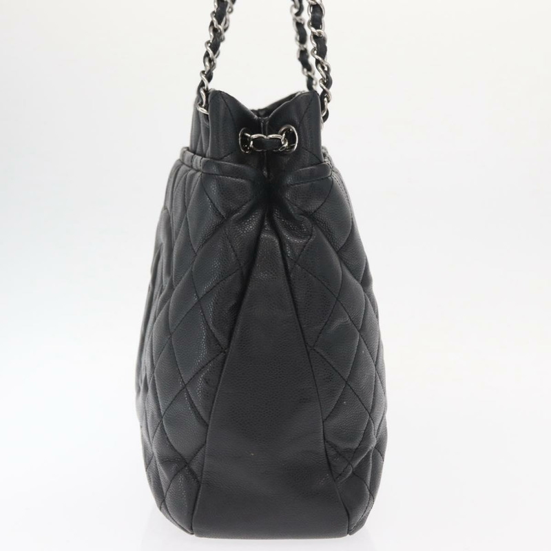 【日本直送】香奈兒 (CHANEL) 菱格紋鏈條肩背包，魚子醬紋皮革，黑色，銀色雙C標誌，正品編號 156514V-3