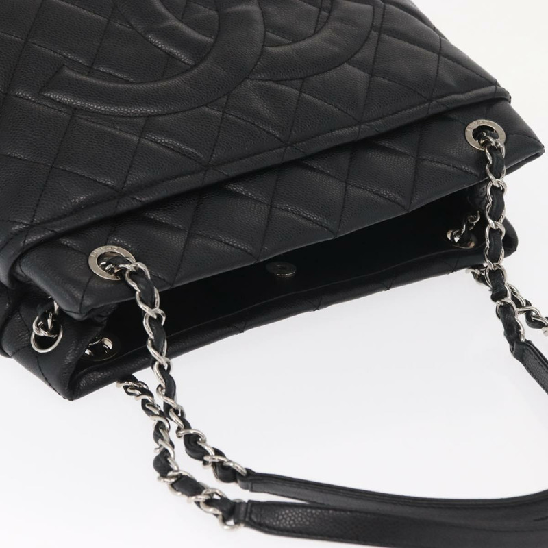 【日本直送】香奈兒 (CHANEL) 菱格紋鏈條肩背包，魚子醬紋皮革，黑色，銀色雙C標誌，正品編號 156514V-6