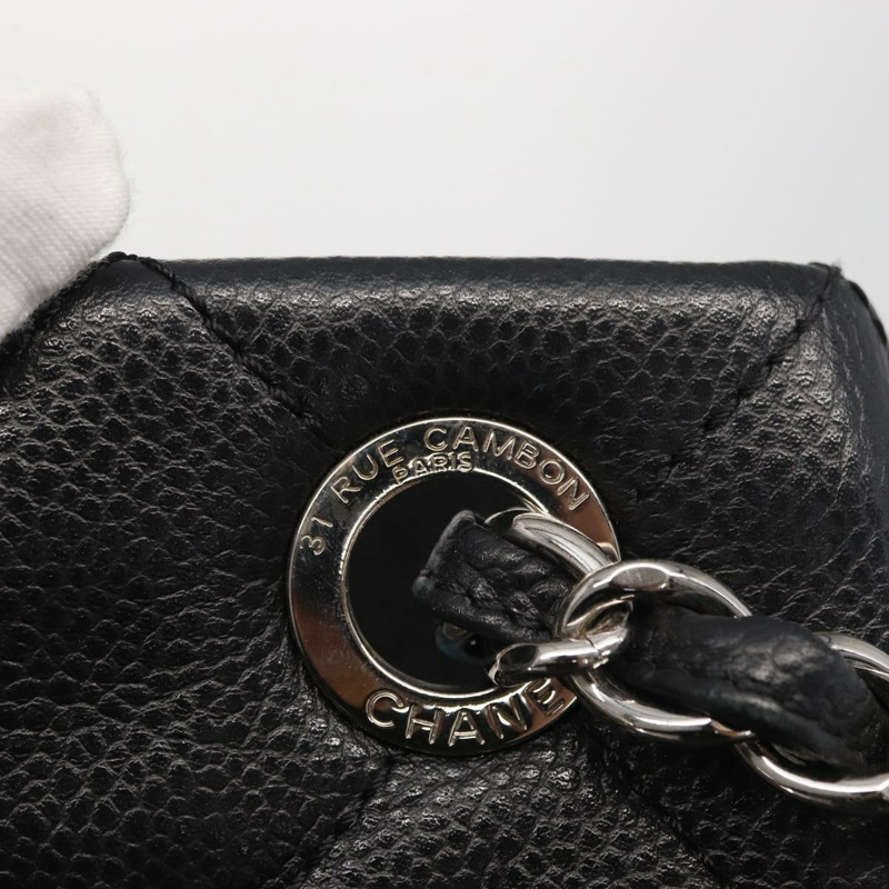 【日本直送】香奈兒 (CHANEL) 菱格紋鏈條肩背包，魚子醬紋皮革，黑色，銀色雙C標誌，正品編號 156514V-8