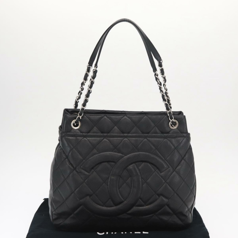 【日本直送】香奈兒 (CHANEL) 菱格紋鏈條肩背包，魚子醬紋皮革，黑色，銀色雙C標誌，正品編號 156514V-11