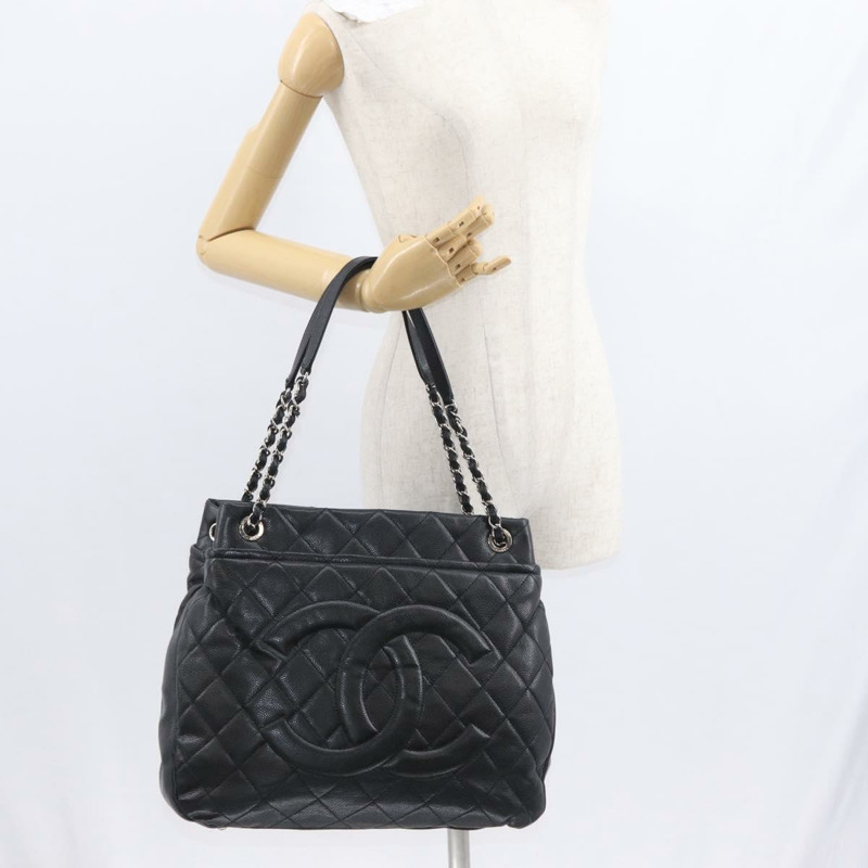 【日本直送】香奈兒 (CHANEL) 菱格紋鏈條肩背包，魚子醬紋皮革，黑色，銀色雙C標誌，正品編號 156514V-26
