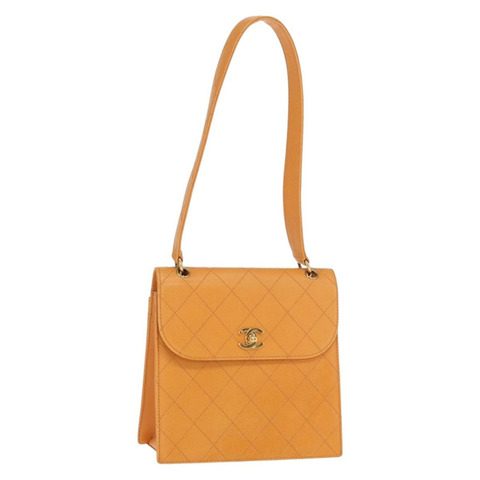 香奈兒 (CHANEL) 絎縫肩背包 魚子醬皮 橘色 金色 CC 標誌 Auth 158942V