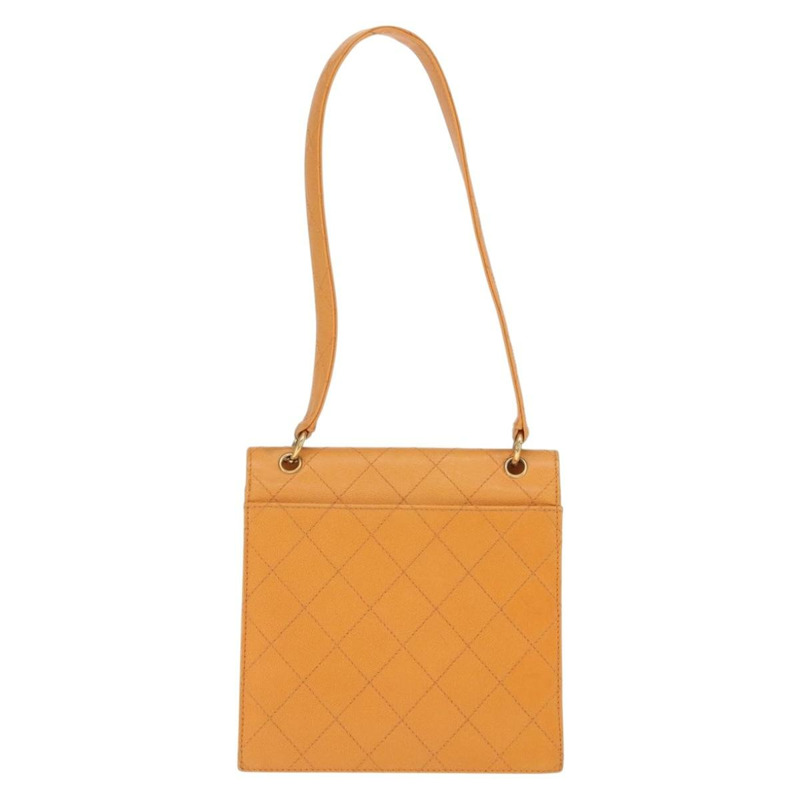 【日本直送】香奈兒 (CHANEL) 絎縫肩背包 魚子醬皮 橘色 金色 CC 標誌 Auth 158942V-1