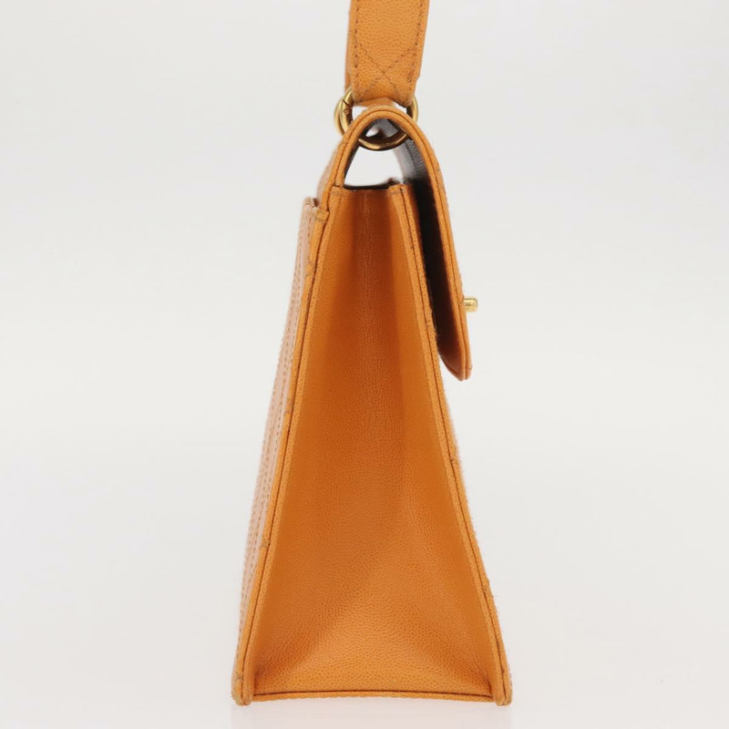 【日本直送】香奈兒 (CHANEL) 絎縫肩背包 魚子醬皮 橘色 金色 CC 標誌 Auth 158942V-3