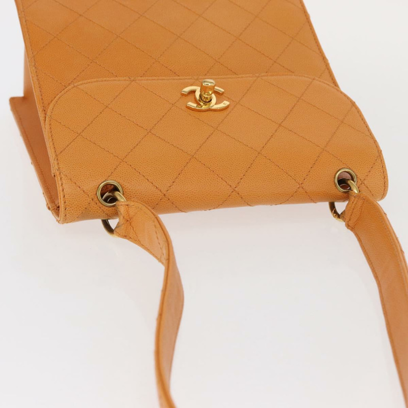 【日本直送】香奈兒 (CHANEL) 絎縫肩背包 魚子醬皮 橘色 金色 CC 標誌 Auth 158942V-5