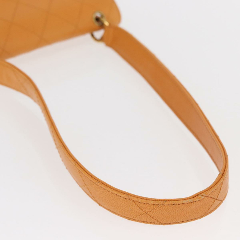 【日本直送】香奈兒 (CHANEL) 絎縫肩背包 魚子醬皮 橘色 金色 CC 標誌 Auth 158942V-6