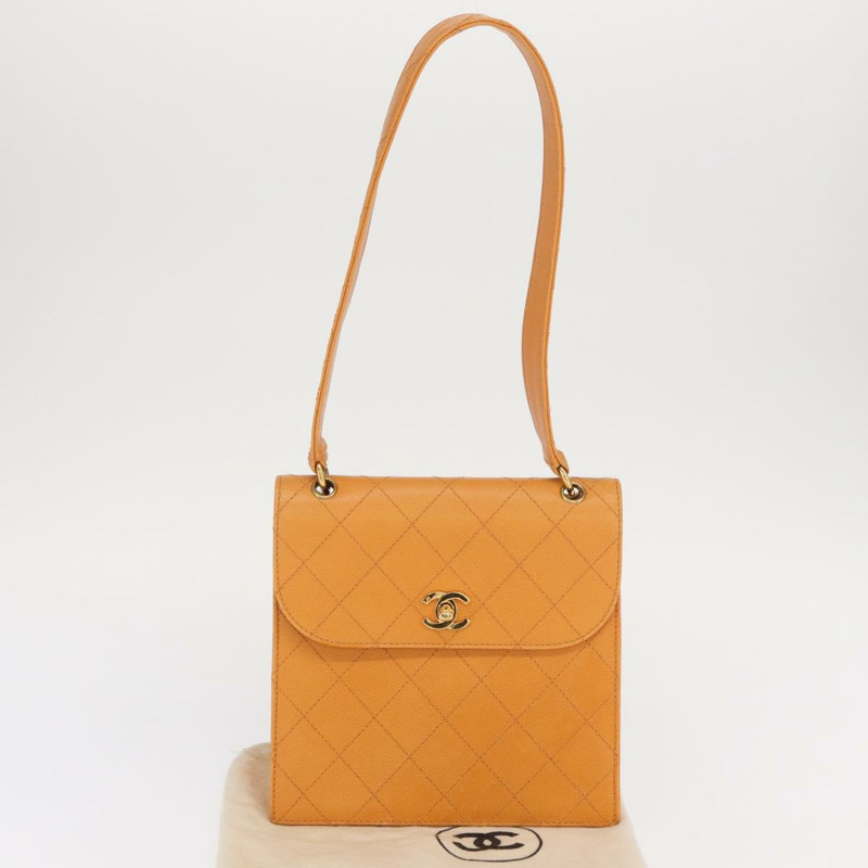 【日本直送】香奈兒 (CHANEL) 絎縫肩背包 魚子醬皮 橘色 金色 CC 標誌 Auth 158942V-11