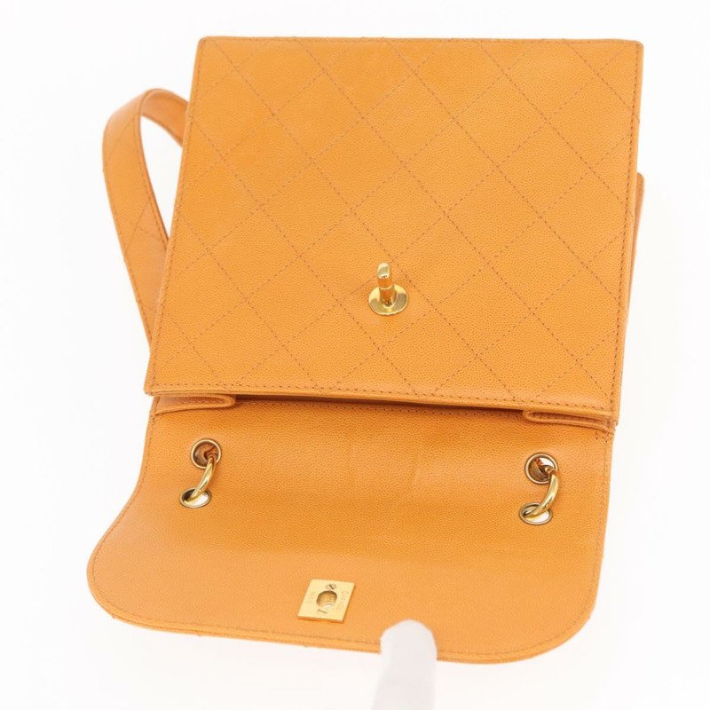 【日本直送】香奈兒 (CHANEL) 絎縫肩背包 魚子醬皮 橘色 金色 CC 標誌 Auth 158942V-19