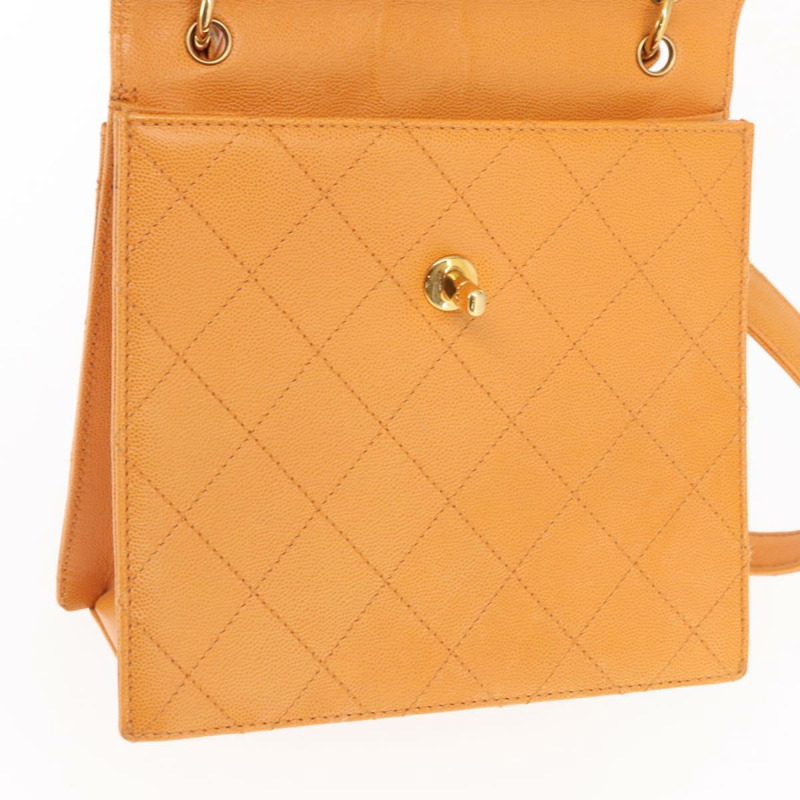【日本直送】香奈兒 (CHANEL) 絎縫肩背包 魚子醬皮 橘色 金色 CC 標誌 Auth 158942V-21