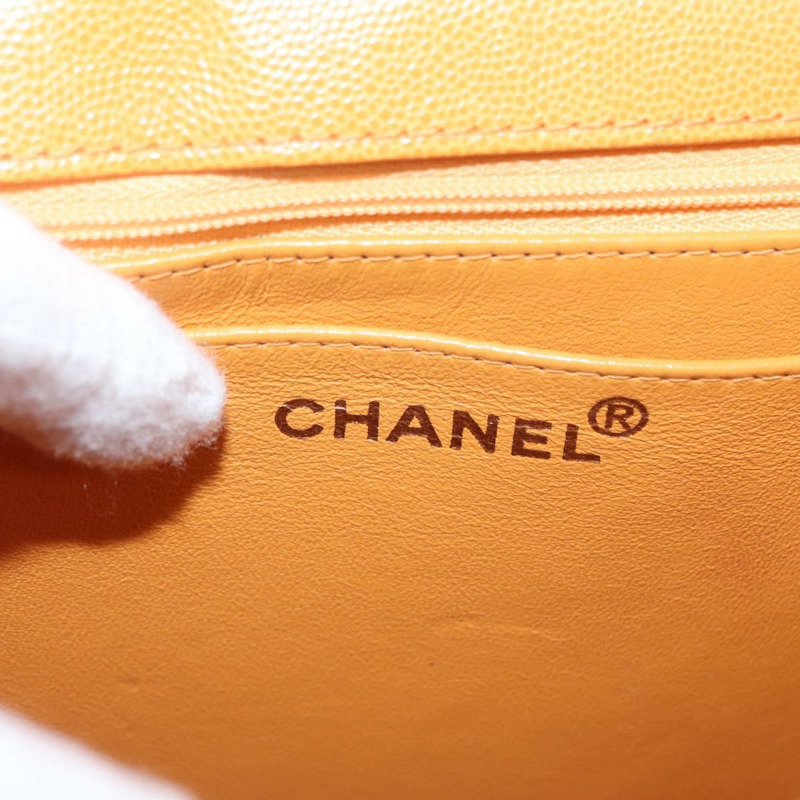 【日本直送】香奈兒 (CHANEL) 絎縫肩背包 魚子醬皮 橘色 金色 CC 標誌 Auth 158942V-23