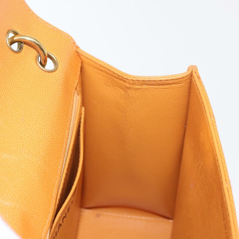 【日本直送】香奈兒 (CHANEL) 絎縫肩背包 魚子醬皮 橘色 金色 CC 標誌 Auth 158942V-24