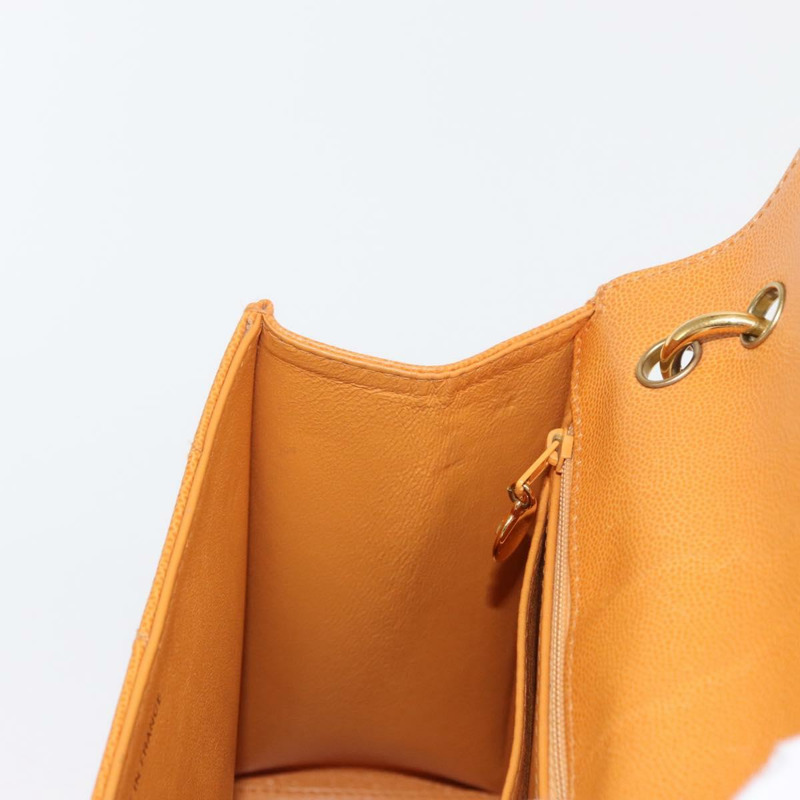 【日本直送】香奈兒 (CHANEL) 絎縫肩背包 魚子醬皮 橘色 金色 CC 標誌 Auth 158942V-25