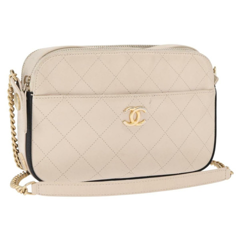 香奈兒 Bicolore 鏈條肩背包，米色皮革，金色 CC 標誌，正品 BA9466SAV