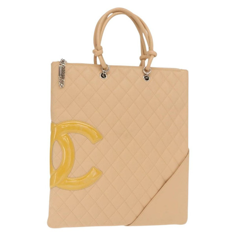 香奈兒 Cambon 系列絎縫托特包，小牛皮，米色，銀色 CC 標誌，正品編號 160890SAV