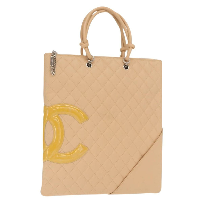 【日本直送】香奈兒 Cambon 系列絎縫托特包,小牛皮,米色,銀色 CC 標誌,正品編號 160890SAV-0