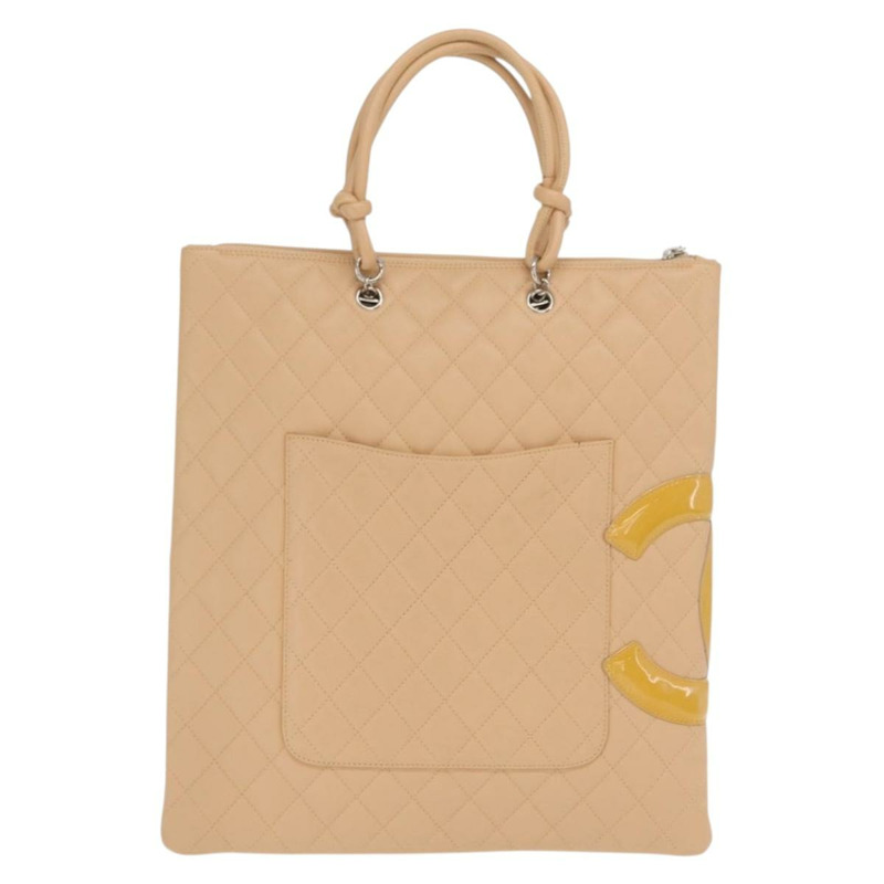 【日本直送】香奈兒 Cambon 系列絎縫托特包,小牛皮,米色,銀色 CC 標誌,正品編號 160890SAV-1