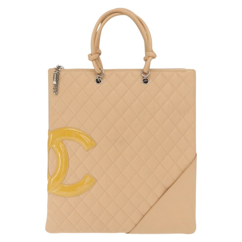 【日本直送】香奈兒 Cambon 系列絎縫托特包,小牛皮,米色,銀色 CC 標誌,正品編號 160890SAV-12