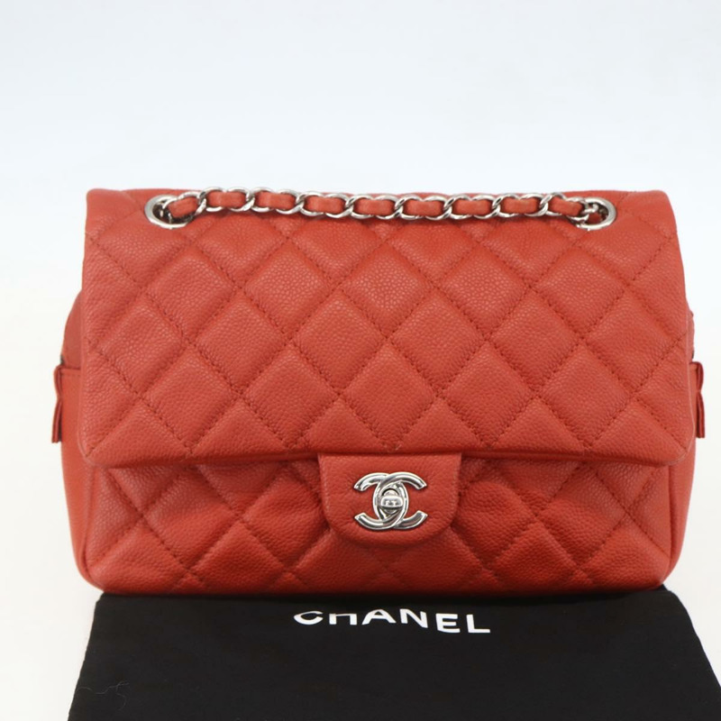 【日本直送】香奈兒 Matelasse 25 鏈條肩背包,魚子醬紋皮革,紅色,銀色雙C標誌,正品編號 159440V-11