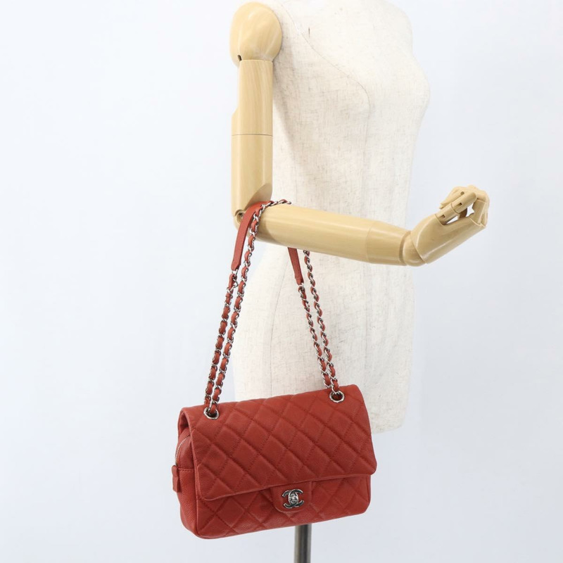 【日本直送】香奈兒 Matelasse 25 鏈條肩背包,魚子醬紋皮革,紅色,銀色雙C標誌,正品編號 159440V-24