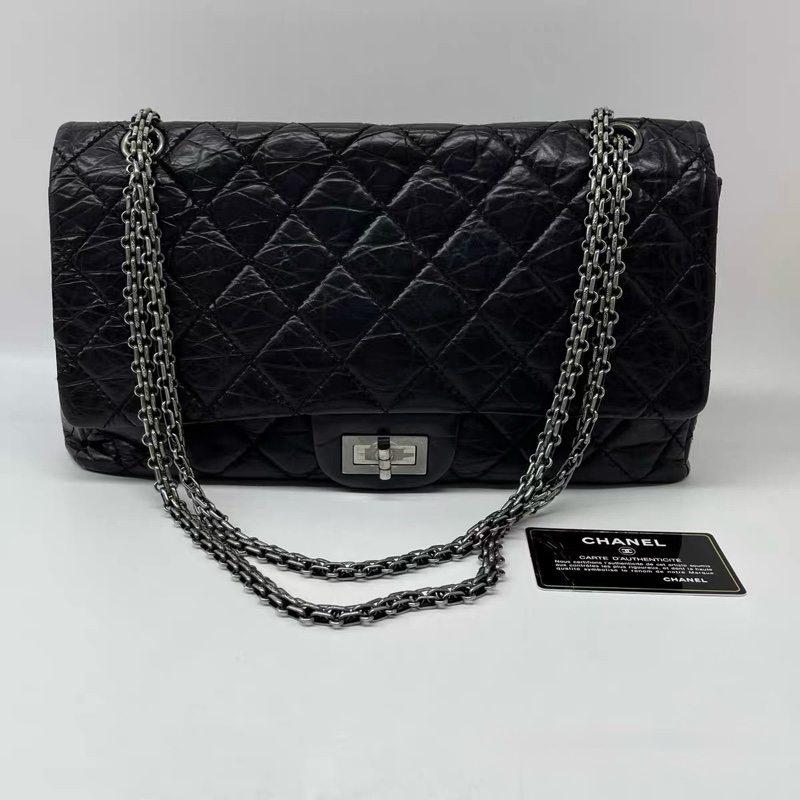 CHANEL 香奈兒 Maxi 2.55 黑色 仿舊小牛皮 復古銀鍊 Ruthenium 五金 菱格翻蓋包-0