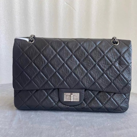 CHANEL 香奈兒 Maxi 2.55 黑色 仿舊小牛皮 復古銀鍊 Ruthenium 五金 菱格翻蓋包