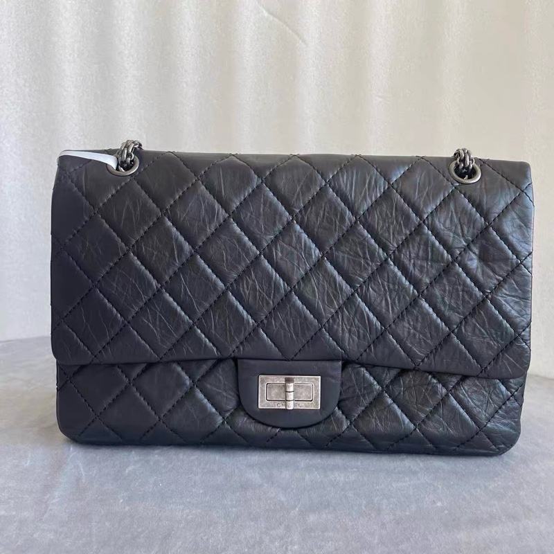 CHANEL 香奈兒 Maxi 2.55 黑色 仿舊小牛皮 復古銀鍊 Ruthenium 五金 菱格翻蓋包-0