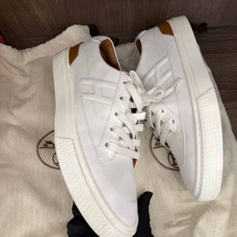 98新 Hermes小白鞋愛馬仕Deep白色棕尾板鞋愛馬仕休閒鞋 Size: 38碼 有塵袋-3