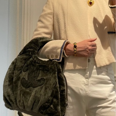 🩶香奈兒皮草HOBO CHANEL灰色vintage毛毛雙C 手提肩背包