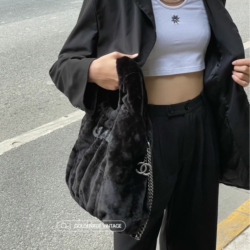 🩶香奈兒皮草HOBO CHANEL灰色vintage毛毛雙C 手提肩背包-1