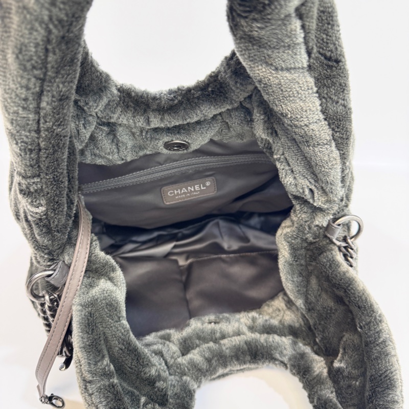 🩶香奈兒皮草HOBO CHANEL灰色vintage毛毛雙C 手提肩背包-7