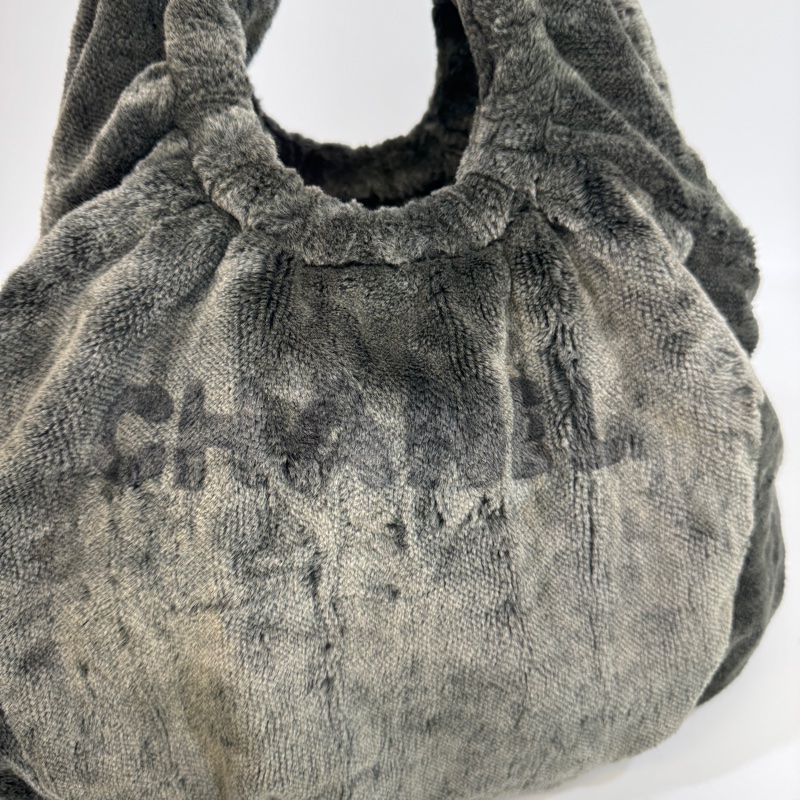 🩶香奈兒皮草HOBO CHANEL灰色vintage毛毛雙C 手提肩背包-10