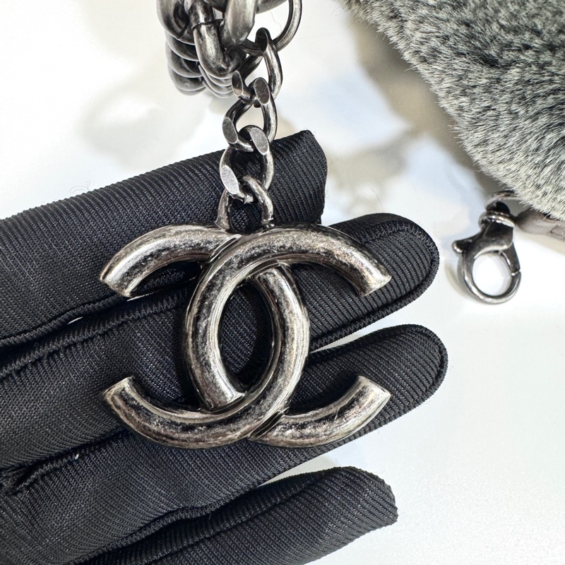 🩶香奈兒皮草HOBO CHANEL灰色vintage毛毛雙C 手提肩背包-16