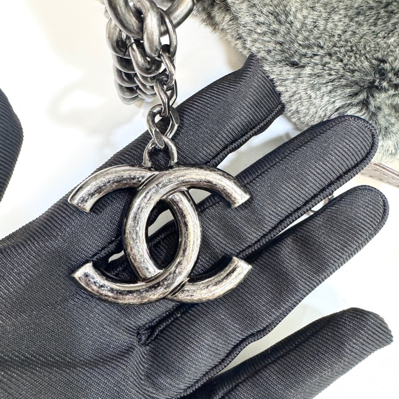 🩶香奈兒皮草HOBO CHANEL灰色vintage毛毛雙C 手提肩背包-17