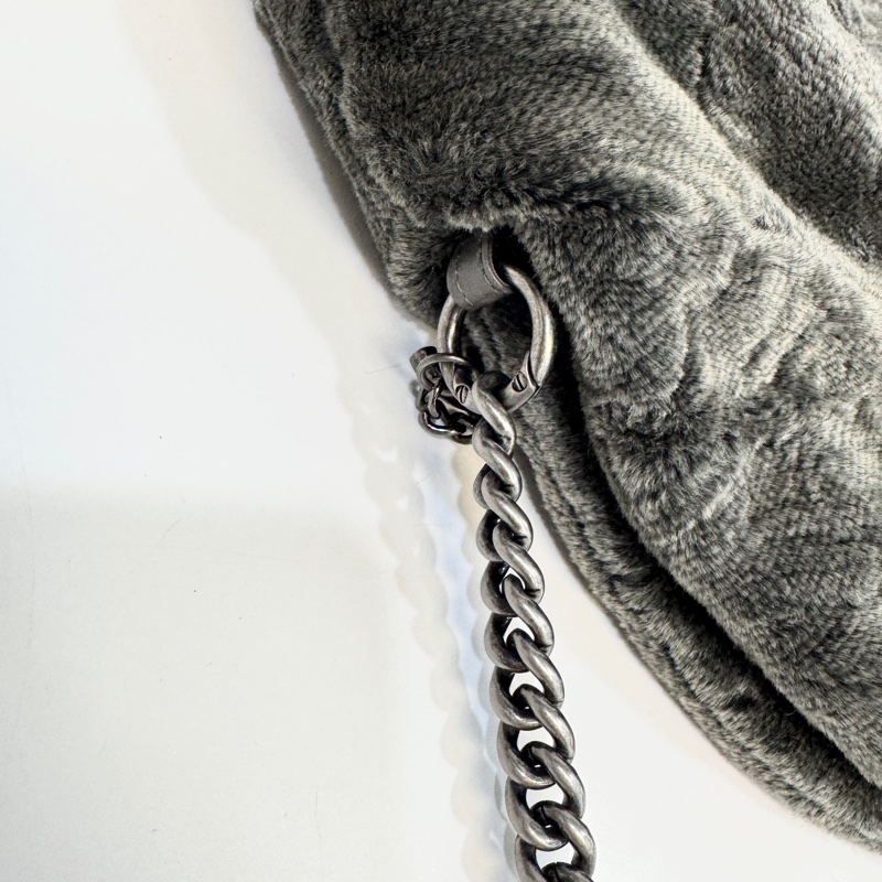 🩶香奈兒皮草HOBO CHANEL灰色vintage毛毛雙C 手提肩背包-18