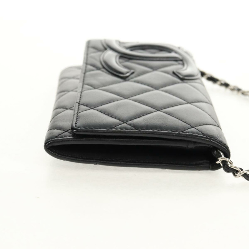 【日本直送】香奈兒 Cambon 系列鏈條肩背包，黑色皮革，銀色雙C標誌，正品編號 157964SAV-3