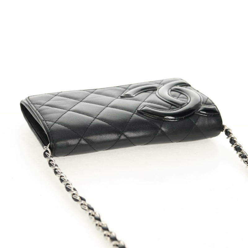 【日本直送】香奈兒 Cambon 系列鏈條肩背包，黑色皮革，銀色雙C標誌，正品編號 157964SAV-5