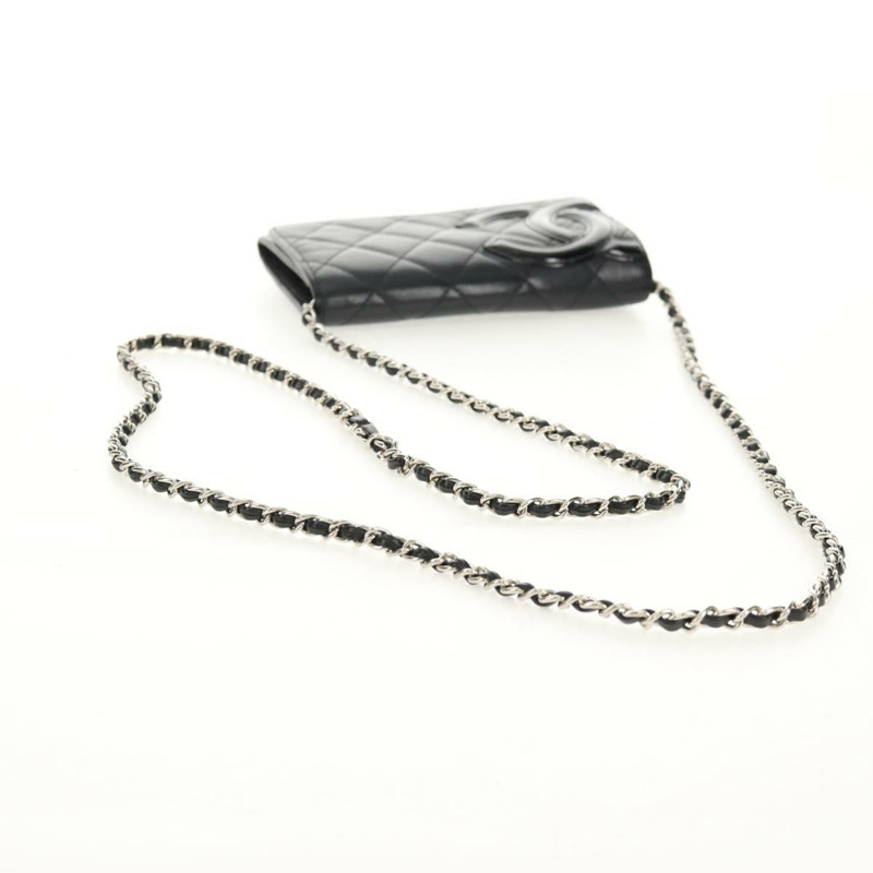 【日本直送】香奈兒 Cambon 系列鏈條肩背包，黑色皮革，銀色雙C標誌，正品編號 157964SAV-6