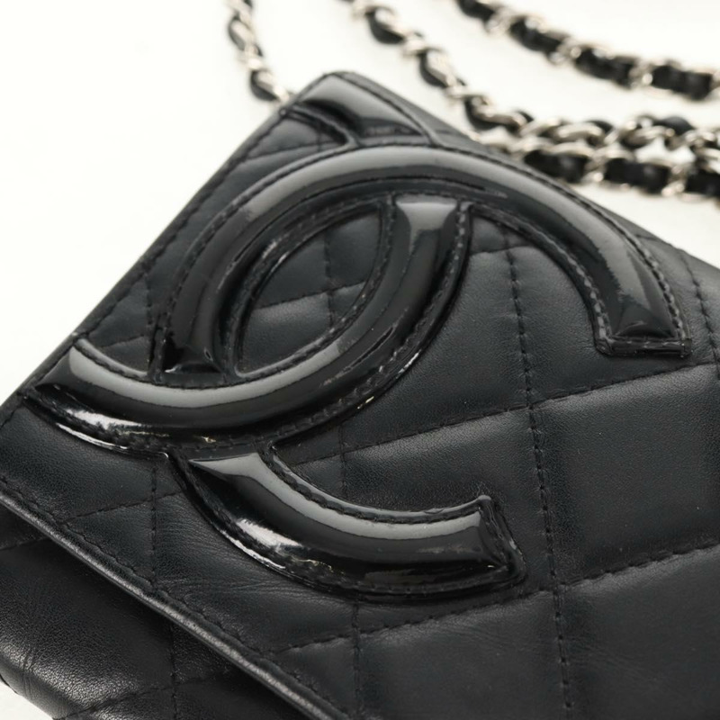 【日本直送】香奈兒 Cambon 系列鏈條肩背包，黑色皮革，銀色雙C標誌，正品編號 157964SAV-18