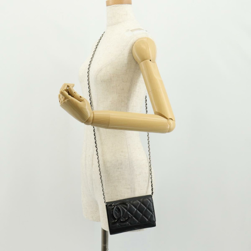 【日本直送】香奈兒 Cambon 系列鏈條肩背包，黑色皮革，銀色雙C標誌，正品編號 157964SAV-27