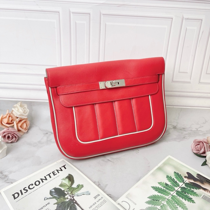 Hermes 紅色拼白邊Berlin28肩背包 28×21×8 98新配件塵袋-3