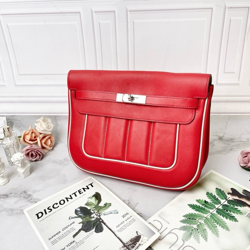 Hermes 紅色拼白邊Berlin28肩背包 28×21×8 98新配件塵袋-4