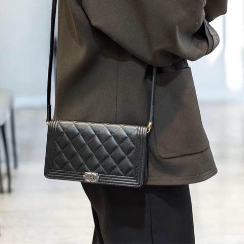 香奈兒長夾改造（送墊片+鏈條）Chanel黑銀牛皮Boy Flap對開長夾A80285