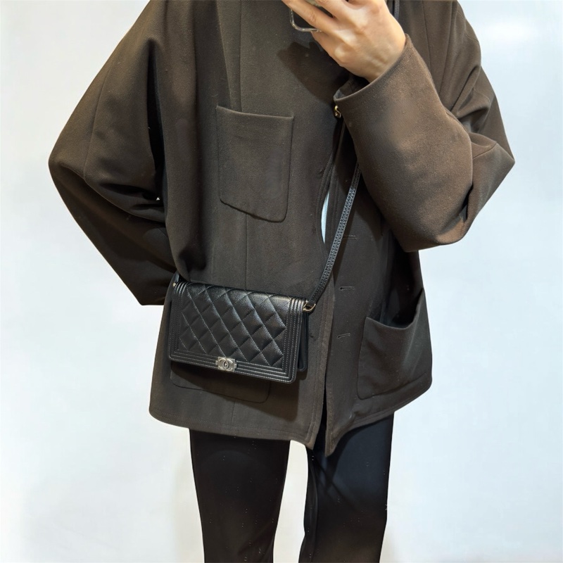 香奈兒長夾改造（送墊片+鏈條）Chanel黑銀牛皮Boy Flap對開長夾A80285-1