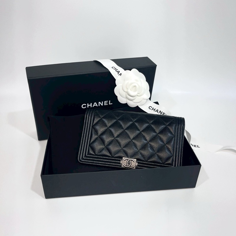 香奈兒長夾改造（送墊片+鏈條）Chanel黑銀牛皮Boy Flap對開長夾A80285-2