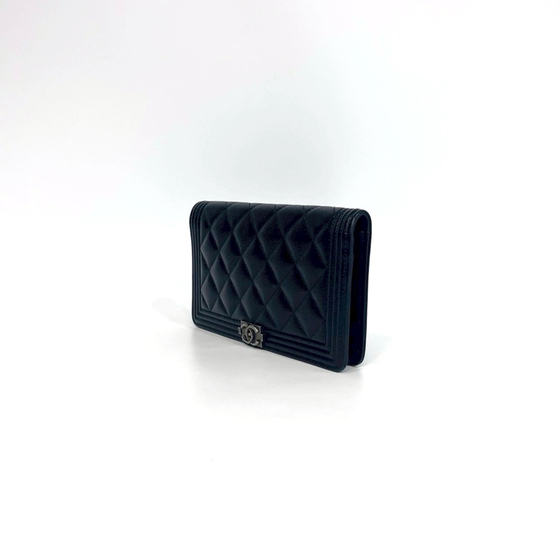 香奈兒長夾改造（送墊片+鏈條）Chanel黑銀牛皮Boy Flap對開長夾A80285-5