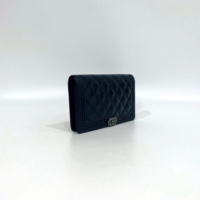 香奈兒長夾改造（送墊片+鏈條）Chanel黑銀牛皮Boy Flap對開長夾A80285-6