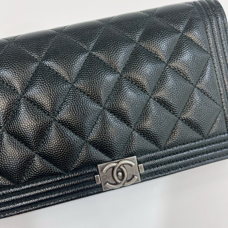 香奈兒長夾改造（送墊片+鏈條）Chanel黑銀牛皮Boy Flap對開長夾A80285-16