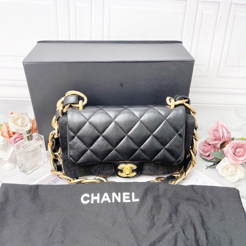 Chanel 22S黑金羊皮粗鏈條cf手提肩背包 芯片款17×21×6 99新配件塵袋盒子-1